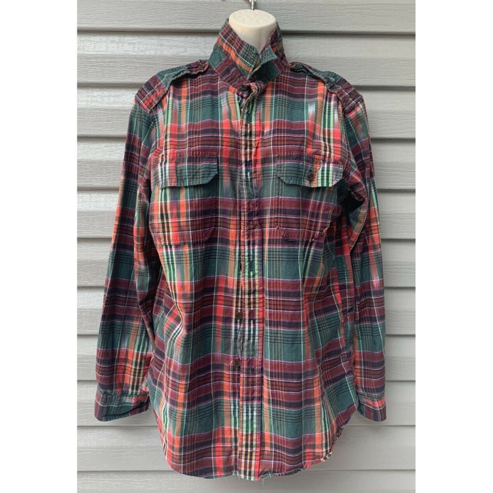 Polo Ralph Lauren Red Green Plaid Shirt Madras India Shoulder Straps Large Men